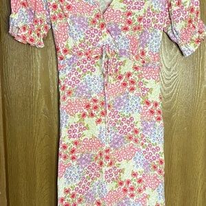 SO Pink and Yellow Puff Sleeve Midi Sundress
